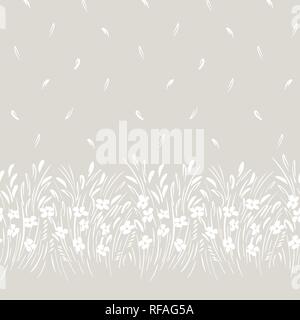 Gestuelle abstraite féminin ditsy floral seamless vector frontière horizontale et le motif. Petite échelle simpliste hand drawn floraison blanche sur rond background Illustration de Vecteur