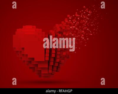 En forme de cœur, la dissolution du bloc de données. faite avec cubes rouges. Style pixel 3d vector illustration. Illustration de Vecteur