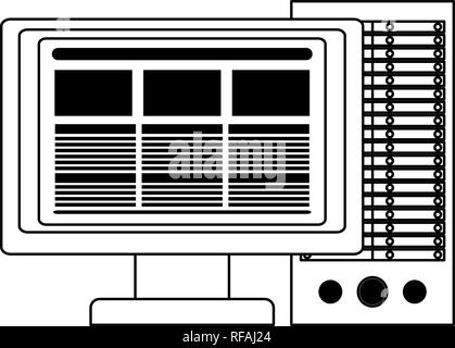 Ordinateur avec écran et cpu en noir et blanc Illustration de Vecteur