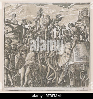 Feuille 5 : Les éléphants, de le triomphe de Jules César. Artiste : Andrea Mantegna (après l'italien, l'Isola di Carturo 1430/31-1506 Mantoue) ; Andrea Andreani (Mantoue, 1558/1559-1629) ; Rapporteur pour avis intermédiaire Bernardo Malpizzi (italien, 1555-1623). Fiche Technique : Dimensions : 15 1/2 x 15 1/4 in. (39,3 × 38,8 cm) libre : 14 1/2 × 14 3/4 in. (36,8 × 37,5 cm). Date : 1599. Musée : Metropolitan Museum of Art, New York, USA. Banque D'Images