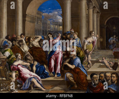 Christ conduisant le changeurs du temple. Date/Période : Ca. 1570. La peinture. Huile sur toile. Hauteur : 116,8 cm (46 po) ; Largeur : 149,8 cm (59 in). Auteur : EL GRECO. Banque D'Images