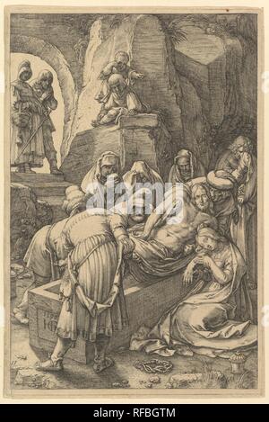 La mise au tombeau, de la Passion du Christ. Artiste : Hendrick Goltzius (1558-1617 Mühlbracht Russisch, Haarlem). Fiche technique : Dimensions : 8 1/16 x 5 7/16 in. (20,5 x 13,8 cm). Date : 1596. Entre 1596 et 1598 Goltzius gravé cette série de douze estampes illustrant la Passion du Christ. Ils reflètent l'influence de l'artiste Russisch Lucas van Leyden, aussi bien dans la figure types et la technique de gravure. À la différence de son style graphique normale, qui a été caractérisé par une ligne spectaculaire qui se gonfle et s'effile vers les chiffres et l'arrière-plan, ici Goltzius utilise le même lin Banque D'Images