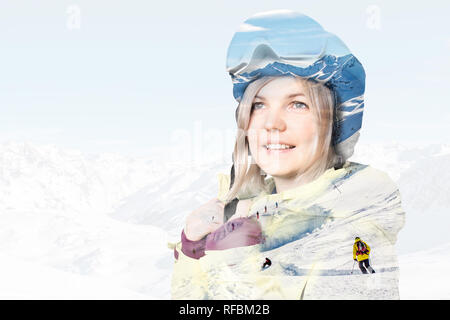 Portrait d'une jeune femme vêtue de noir, jaune veste de snowboard casque et lunettes Banque D'Images