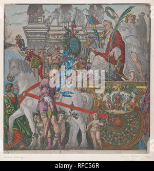 Feuille 9 : Jules César dans son char tiré par des chevaux, à partir du triomphe de Jules César. Artiste : Andrea Mantegna (après l'italien, l'Isola di Carturo 1430/31-1506 Mantoue) ; Andrea Andreani (Mantoue, 1558/1559-1629) ; Rapporteur pour avis intermédiaire Bernardo Malpizzi (italien, 1555-1623). Fiche Technique : Dimensions : 14 7/8 × 14 1/2 in. (37,8 × 36,8 cm). Date : 1599. Musée : Metropolitan Museum of Art, New York, USA. Banque D'Images