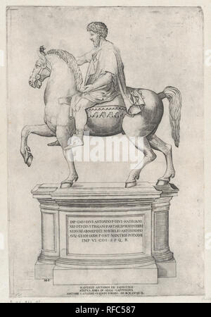 La Statue équestre de Marc Aurèle au Capitole. Artiste : Nicolas Beatrizet (Français, Lunéville 1515-ca. Rome 1566 ( ?)). Fiche Technique Dimensions : (découpés) : 14 × 3/16 9 1/2 in. (36,1 × 24,2 cm) Mont : 18 9/16 x 13 3/4 in. (47,1 × 35 cm). Series/portefeuille : Speculum Romanae Magnificentiae. Date : 1548. Musée : Metropolitan Museum of Art, New York, USA. Auteur : Nicolas Béatrizet. Après Marco dente. Attribué à Cornelis Bos. Après Nicolas Beatrizet. Banque D'Images