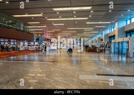 Singapour - Janvier 2019 : l'aéroport de Singapour Changi architecture et passagers. Singapour. L'aéroport de Changi est l'un des plus grands aéroports en Asie. Banque D'Images