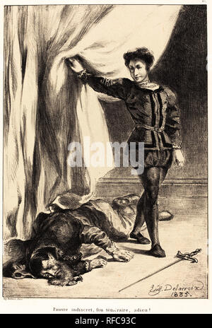 Hamlet et le corps de Polonius (Acte III, scène IV). En date du : 1835. Technique : lithographie. Musée : National Gallery of Art, Washington DC. Author : EUGENE DELACROIX. SHAKESPEARE, WILLIAM. DELACROIX, Eugène. Banque D'Images