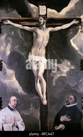 "Le Christ en croix adoré par les donateurs", 1590, huile sur toile, 250 x 180 cm. Auteur : EL GRECO. Lieu : MUSÉE DU LOUVRE-peintures. La France. Banque D'Images