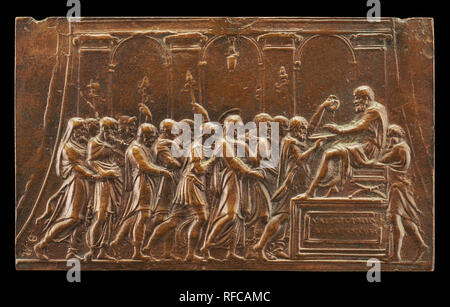 Le Christ devant Ponce Pilate. Dimensions : hors tout : 6 x 9,9 cm (2 3/8 x 3 7/8 in.) Poids brut : 75 gr. Médium ://bronze patine brun foncé (un peu frotté). Musée : National Gallery of Art, Washington DC. Auteur : Valerio Belli. Banque D'Images