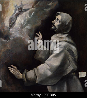 Saint François recevant les stigmates. Date/Période : De 1585 jusqu'à 1590. La peinture. Huile sur toile. Hauteur : 102 mm (4.01 in) ; largeur : 97 mm (3.81 in). Auteur : EL GRECO. Banque D'Images