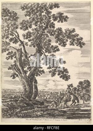 Une femme à cheval vu de derrière la descente d'une colline à la droite, un grand arbre à gauche, le paysage de Florence vers la gauche dans l'arrière-plan, à partir de 'quatre grands paysages" (Quatre grands paysages en hauteur). Artiste : Stefano della Bella (Florence, Italie Florence 1610-1664). Fiche Technique : Dimensions : 9 7/8 x 7 1/2 in. (25,1 x 19 cm). Series/portefeuille : "quatre grands paysages" (Quatre grands paysages en hauteur). Date : ca. 1652-57. Musée : Metropolitan Museum of Art, New York, USA. Banque D'Images