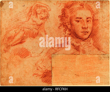 Le portrait d'une reine et une étude d'une femme assise sur un nuage ; verso, figure de couchage. Fiche technique : Dimensions : 15,2 x 19,3 cm (6 x 7 5/8 in.) (le coin inférieur droit coupé). Médium : craie rouge sur papier vergé. Musée : National Gallery of Art, Washington DC. Auteur : SIMONE CANTARINI. Banque D'Images