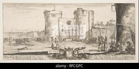 L'entrée d'une forteresse dans le centre, une femme avec enfant assis par un feu à droite, les soldats se réunissent à droite et au centre, de canons en paysage à gauche, page de titre de "Paix et guerre" (Divers desseins tant pour la paix que pour la guerre). Artiste : Stefano della Bella (Florence, Italie Florence 1610-1664). Fiche Technique Dimensions : (découpés à l'assiette) : 4 5/16 in. × 10 in. (10,9 × 25,4 cm). Editeur : Israël Henriet (Français, Nancy ca. 1590-1661 Paris). Series/portefeuille : "Paix et guerre" (Divers desseins tant pour la paix que pour la guerre). Date : ca. 1641. Musée : Metropolitan Museum of Art, New York, U Banque D'Images