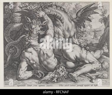 Le Dragon dévorant les compagnons de Cadmus. Artiste : Hendrick Goltzius (1558-1617 Mühlbracht Russisch, Haarlem) ; Après la peinture de Cornelis van Haarlem (1562-1638), Russisch. Fiche technique : Dimensions : 9 x 12 1/2 à 15/16. (25,2 x 31,8 cm). Date : 1588. Musée : Metropolitan Museum of Art, New York, USA. Banque D'Images