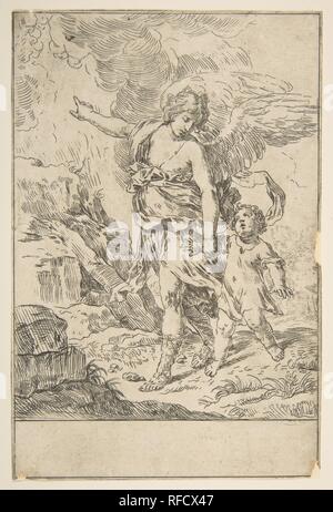 Un ange gardien à marcher avec un enfant. Artiste : Simone Cantarini (italien, 1612-1648). Fiche Technique : Dimensions : 11/16 7 × 5 1/16 in. (19,5 × 12,8 cm). Date : ca. 1640. Musée : Metropolitan Museum of Art, New York, USA. Banque D'Images