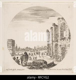 9 : l'Arc de Constantin à gauche, vu de côté, une partie du Colisée à droite, divers chevaux et chiffres en premier plan et d'arrière-plan, une composition ronde, à partir de 'paysages romains et ruines" (Paysages et ruines de Rome). Artiste : Stefano della Bella (Florence, Italie Florence 1610-1664). Dimensions : Plaque : 5 1/16 x 5 3/16 in. (12,9 × 13,1 cm) Feuille : 5 1/4 x 5 3/8 in. (13,4 × 13,7 cm). Editeur : François Langlois (français, baptisé Chartres, Paris 1588-1647). Portefeuille/Série : 'paysages romains et ruines" (Paysages et ruines de Rome). Date : ca. 1646. Musée : Metropolitan Museum Banque D'Images