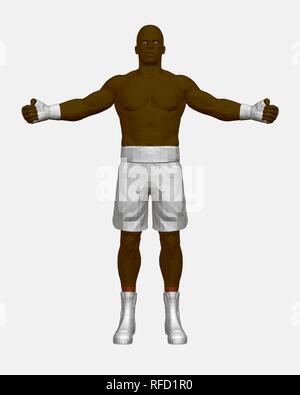 Le boxer noir se dresse dans un short blanc, des chaussures et des armes avec les bras se propager. Vue de face. Boxer polygonales. Vector illustration. Illustration de Vecteur