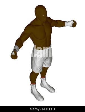 Le boxer noir se dresse dans un short blanc, des chaussures et des armes avec les bras se propager. Vue isométrique. Boxer polygonales. Vector illustration. Illustration de Vecteur