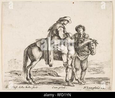 Planche 6 : un paysan à cheval dans le profil tourné à droite, tenant un panier et de parler à un autre homme debout derrière le cheval, à partir de 'iversi capricci'. Artiste : Stefano della Bella (Florence, Italie Florence 1610-1664). Fiche Technique : Dimensions : 3 1/8 x 3 7/8 in. (7,9 × 9,8 cm). Editeur : Nicolas Langlois (français, Paris 1640-1703). Portefeuille/Série : 'Diversi capricci'. Date : ca. 1644-47. Musée : Metropolitan Museum of Art, New York, USA. Banque D'Images