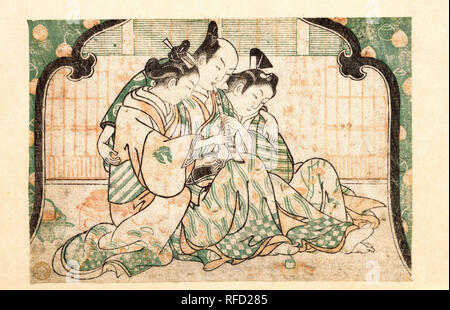 Un jeune homme assis entre deux femmes. Artiste : Okumura Masanobu (japonais, 1686-1764). Culture : le Japon. Dimensions : 4 1/4 x 6 7/8 in. (10,8 x 17,5 cm). Date : ca. 1749. Musée : Metropolitan Museum of Art, New York, USA. Banque D'Images