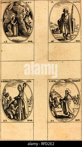 L'annonciation ; Saint Castulus ; Saint Rupert ; Saint Gontran. Technique : gravure. Musée : National Gallery of Art, Washington DC. Auteur : Jacques Callot. Banque D'Images