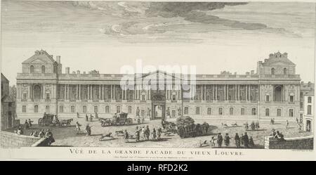 Vue de la grande façade du vieux Louvre. Artiste : Jacques Rigaud (Marseille 1681-1754 Français, Paris). Fiche technique : Dimensions : 9 x 18 3/16 3/16 in. (23,4 x 46,2 cm). Date : publié initialement en 1729, inscrit en 1752. Dans un superbe impression horizontale, l'un d'une série de vingt-et-un points de vue de Paris, Jacques Rigaud a représenté la longue façade est du Louvre, encore un palais royal au xviiie siècle. Conçu à la fin des années 1660 par une équipe dont Louis Le Vau, Charles Le Brun, et Claude Perrault, la façade témoigne de la majesté et de l'autorité de l'architecture baroque français, ce qui est notable fo Banque D'Images