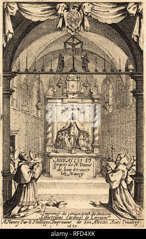 Frontispice pour les Miracles et les grâces de Notre Dame de Bon-Secours-les-nancy'. Dimensions : plaque : 12,5 x 7,8 cm (4 15/16 x 3 1/16 in.) feuille : 13,9 x 9,5 cm (5 1/2 x 3 3/4 in.). Technique : gravure. Musée : National Gallery of Art, Washington DC. Auteur : Jacques Callot. Banque D'Images