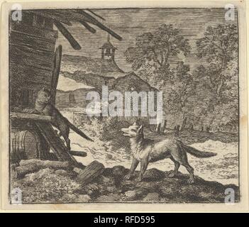 Le chat grimpe une grange de Hendrick van Alcmar's Renard le renard. Artiste : Allart van Everdingen (Néerlandais, Alkmaar Amsterdam 1621-1675). Dimensions : Plaque : 3 × 13/16 4 1/2 in. (9,7 × 11,4 cm) Feuille : 4 in. × 4 13/16 in. (10,2 × 12,2 cm). Date : 1650-75. Musée : Metropolitan Museum of Art, New York, USA. Banque D'Images