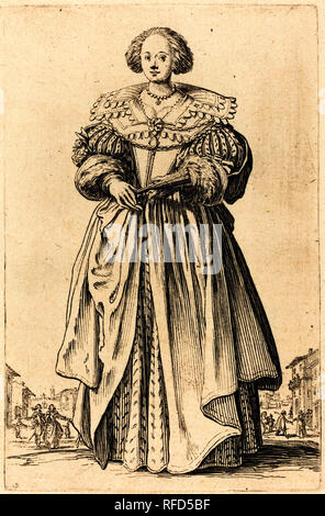 Femme Noble avec ventilateur. En date du : ch. 1620/1623. Technique : gravure. Musée : National Gallery of Art, Washington DC. Auteur : Jacques Callot. Banque D'Images