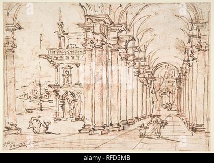 Capriccio Architectural : Colonnade voûtée d'un palais. Artiste : Francesco Guardi (Venise, Italie Venise 1712-1793). Dimensions : 7 1/16 x 9 en 15-16. (18 x 25.3cm). Date : 1712-93. Musée : Metropolitan Museum of Art, New York, USA. Banque D'Images