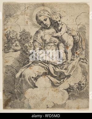 Vierge à l'enfant assis sur les nuages et entouré par des anges. Artiste : Simone Cantarini (italien, 1612-1648). Fiche Technique Dimensions : (découpés) : 9/16 5 × 4 1/2 in. (14,1 × 11,5 cm). Date : ca. 1639. Musée : Metropolitan Museum of Art, New York, USA. Banque D'Images