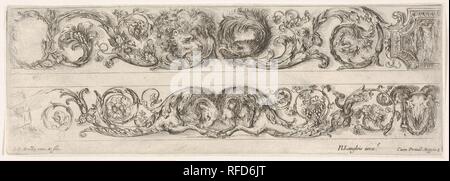 Deux dessins frise d'acanthe avec morte combinée avec un lion et l'aigle sur le dessus et deux béliers ci-dessous, la plaque 5 de : 'Decorative' (feuillage et frises Ornamenti di fregi e fogliami). Artiste : Stefano della Bella (Florence, Italie Florence 1610-1664). Fiche Technique : Dimensions : 3 1/4 x 9 1/2 in. (8,3 × 24,2 cm). Editeur : Nicolas Langlois (français, Paris 1640-1703). Portefeuille/Série : 'Decorative' (feuillage et frises Ornamenti di fregi e fogliami). Date : ca. 1645-50. Musée : Metropolitan Museum of Art, New York, USA. Banque D'Images