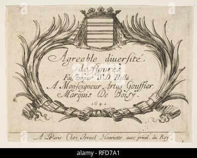 Planche 1 : deux palmiers et un blason le titre du châssis et le dévouement, page de titre de "diverses figures" (Agréable diversité de figures). Artiste : Stefano della Bella (Florence, Italie Florence 1610-1664). Fiche Technique : Dimensions : 3 1/8 x 4 1/16 in. (7,8 × 10,5 cm). Editeur : Israël Henriet (Français, Nancy ca. 1590-1661 Paris). Portefeuille/Série : 'diverses figures" (Agréable diversité de figures). Date : 1642. Musée : Metropolitan Museum of Art, New York, USA. Banque D'Images