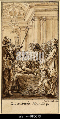 Dixième jour, neuvième Histoire : Saladin apporte les cadeaux riches sur le coin chambre Torello. En date du : ch. 1757. Dimensions : hors tout (à l'ossature extérieure ligne) : 11,3 x 5,7 cm (4 16/07 x 2 1/4 in.). Médium : plume et encre noire lavis avec plus de touches de craie rouge sur papier vergé. Musée : National Gallery of Art, Washington DC. Auteur : François Hubert Gravelot. Banque D'Images