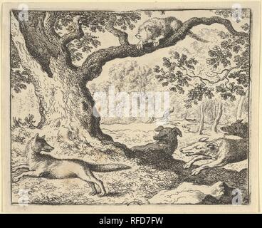 À la suite de l'histoire de faux Renard, son père est chassé par les chiens de chasse de Hendrick van Alcmar's Renard le renard. Artiste : Allart van Everdingen (Néerlandais, Alkmaar Amsterdam 1621-1675). Dimensions : Plaque : 3 11/16 x 4 9/16 in. (9,3 × 11,6 cm) : fiche 3 15/16 x 4 13/16 in. (10 × 12,3 cm). Date : 1650-75. Musée : Metropolitan Museum of Art, New York, USA. Banque D'Images