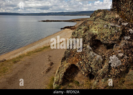 WY02973-00...WYOMING - algues poussant sur des rochers colorés le long du lac de Yellowstone Lake près de Storm Point dans le Parc National de Yellowstone Banque D'Images