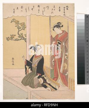 Le premier jour du printemps (Risshun), de la série poétique à la mode des Immortels les Quatre Saisons (Fuzoku shiki Kasen). Artiste : Suzuki Harunobu (japonais, 1725-1770). Culture : le Japon. Dimensions : 11 x 8 1/4 in. (27,9 x 21 cm). Date : ca. 1768. Un jeune homme avec une épée, blotti dans son écharpe regarde une jeune femme à la porte comme il l'un des gestes d'orange amère (daidai) arbre dans le jardin. L'artiste de mots sur un poème classique par Fujiwara no Shunzei (1114-1204) qui fait référence à l'ouverture des portes du ciel (ama no pour) en montrant une jeune femme pluie d'ouverture volets roulants (amado). Le poème se lit Banque D'Images