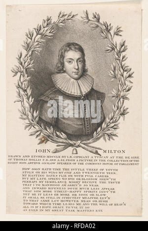 John Milton. Artiste : Giovanni Battista Cipriani (Italien, Florence 1727-1785 Hammersmith (Londres) active). Auteur : illustre livre de John Toland (Irlandais, 1670-1722). Fiche Technique : Dimensions : 10 × 7/16 6 11/16 in. (26,5 × 17 cm). Sitter : John Milton (britannique, Londres 1608-1674 Londres). Objet : Associé à Thomas Hollis (British, Londres 1720-1774). Date : 1760. Cette image du jeune Milton fut gravée pour illustrer une édition 1761 de John Toland's 'Vie de Milton' puis réémis pour Francis Blackburne's "Memoirs of Thomas Hollis (1780). Musée : Metropolitan Museum of Art, New York, USA. Banque D'Images