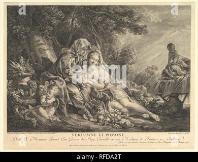 Vertumnus et Pomona. Artiste : Après François Boucher (Français, Paris 1703-1770 Paris) ; Augustin de Saint-Aubin (français, Paris 1736-1807 Paris). Fiche Technique : Dimensions : 14 3/8 x 18 1/2 in. (36,5 × 47 cm). Editeur : Laurent Cars (Français, Lyon 1699-1771 Paris). Date : 1765. Musée : Metropolitan Museum of Art, New York, USA. Banque D'Images