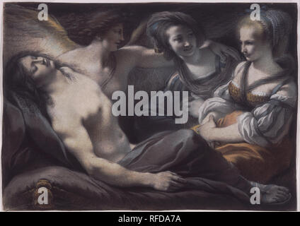 Regards sur l'Armida Rinaldo de couchage. Date/Période : Ca. 1785. Dessin. Noir, blanc, jaune, orange, bleu, marron, gris et les craies sur papier vergé crème noir, blanc, jaune, orange, bleu, marron, gris et les craies sur papier vergé crème. Hauteur : 315,21 mm (12,40 po) ; largeur : 441,45 mm (17,37 po). Auteur : GIUSEPPE CADES. Banque D'Images