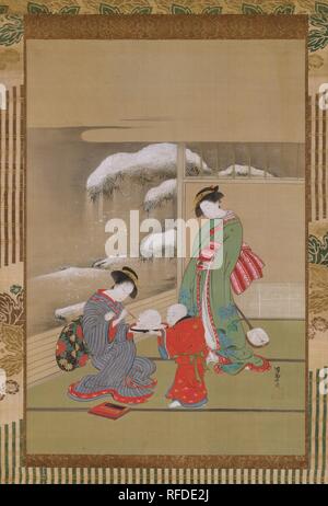 La peinture les yeux sur un lapin de neige. Artiste : Isoda Koryusai (japonais, 1735-ca. 1790). Culture : le Japon. Dimensions : Image : 23 3/4 in. × 16 in. (60,3 × 40,6 cm) dans l'ensemble avec support de montage : 62 1/4 in. × 23 in. (158,1 × 58,4 cm) dans l'ensemble avec les boutons : 62 1/4 x 24 3/4 in. (158,1 × 62,9 cm). Date : ca. 1780. Au cours de la période Edo, comme un amusement d'hiver, les enfants sont souvent faites de sculptures de neige et les deux types les plus populaires sont le lapin de neige (yuki usagi) et la neige (yuki Daruma Daruma). Cette image transporte un passe-temps en plein air pour les enfants dans un intérieur élégant où une femme, probablement le mot du garçon Banque D'Images