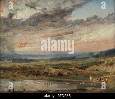 Hampstead Heath, avec étang et baigneurs. Date/période : 1821. La peinture. Sur base d'huile monté sur toile. Hauteur : 24,1 cm (9,4 po) ; Largeur : 29,2 cm (11.4 in). Auteur : John Constable. Banque D'Images