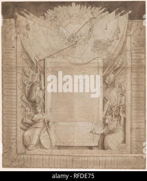 Conception pour un mémorial en l'honneur de Sir William Myers. Artiste : Thomas Stothard (britannique, Londres 1755-1834 Londres). Fiche Technique : Dimensions : 20 × 3/16 17 7/16 po. (51,2 × 44,3 cm). Sujet : Sir William Myers (britannique, est mort 1811). Date : 1811. Stothard's design met un lieutenant-colonel britannique tué à la bataille de Valverde dans la Guerre Péninsulaire. Figures allégoriques de Britannia et de la renommée un sarcophage de flanc sous une plaque, bataille des drapeaux ci-dessus avec un blindage soleil mourant inscrit avec Myers' nom. Si un monument sculpté connexes n'a été faite, il n'a pas été identifié. Faite de plusieurs feuilles jointes, le Banque D'Images