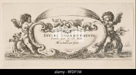 Frontispice : cartouche au centre, putti d'un côté ou de l'équitation sur les dauphins, de 'Divers embarquements embarquements' (Divers). Artiste : Stefano della Bella (Florence, Italie Florence 1610-1664). Dimensions : Plaque : 3 × 6 7/16 15/16 in. (8,7 × 17,7 cm) : 3 Feuille 1/2 × 7 1/8 in. (8,9 × 18,1 cm). Editeur : Israël Henriet (Français, Nancy ca. 1590-1661 Paris). Portefeuille/Série : 'Divers embarquements' (Divers embarquements). Date : ca. 1646-47. Musée : Metropolitan Museum of Art, New York, USA. Banque D'Images