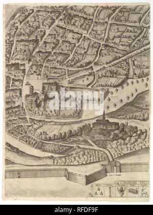 Plan de la ville de Rome. Partie 11 avec le San Pancrazio (rive gauche). Artiste : Antonio Tempesta (Italien, Florence Rome 1555-1630). Dédicataire : dédié au Cardinal Camillo Pamphili. Fiche Technique : Dimensions : 21 x 16 13/16 5/16 in. (55,4 x 41,5 cm) Plaque : 21 x 16 1/4 in. (53,9 x 40,6 cm). Editeur : Publié par Giovanni Domenico de Rossi (italien, 1619-1653). Date : 1645. Une partie de la moitié inférieure de la carte de Rome. Représenté est une partie sud de la ville en vue de la rive gauche où le San Pancrazio peuvent être identifiés. Dans la marge inférieure des symboles pour les cinq quartiers de Rome sont Banque D'Images