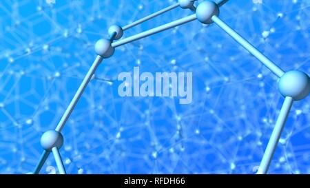 Structure très complexe formée par des tubes et sphères comme molécules avec la profondeur de champ sur fond bleu. 3D illustration Banque D'Images