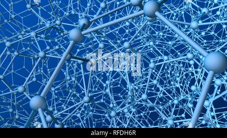 Structure très complexe formée par des tubes et sphères comme molécules avec la profondeur de champ sur fond bleu. 3D illustration Banque D'Images