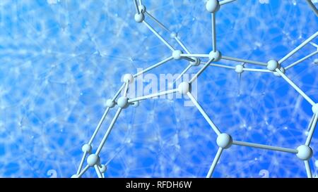 Structure très complexe formée par des tubes et sphères comme molécules avec la profondeur de champ sur fond bleu. 3D illustration Banque D'Images