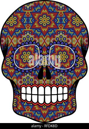 Illustration du crâne avec des points colorés, design inspiré de l'art huichol et crânes de sucre traditionnel mexicain isolated on white Illustration de Vecteur