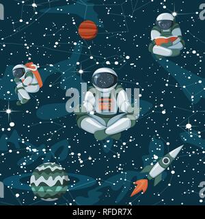 L'espace de bande dessinée avec des étoiles, des astronautes et des vaisseaux de l'amusant motif transparent Illustration de Vecteur